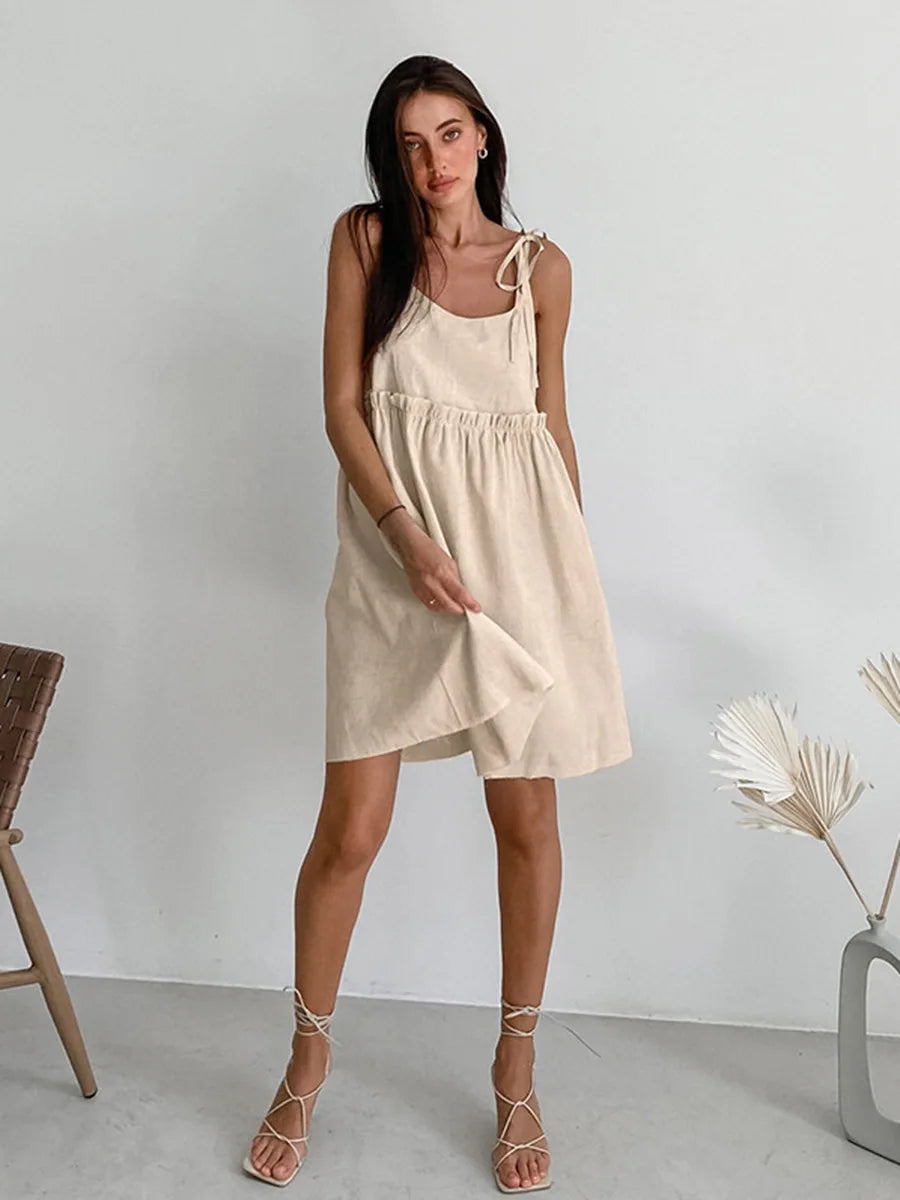 Simple Cotton Backless Suspender Dress Spring and Summer Beach Style Women's Loose Soft Ruffled Edge A-line Suspender Dress