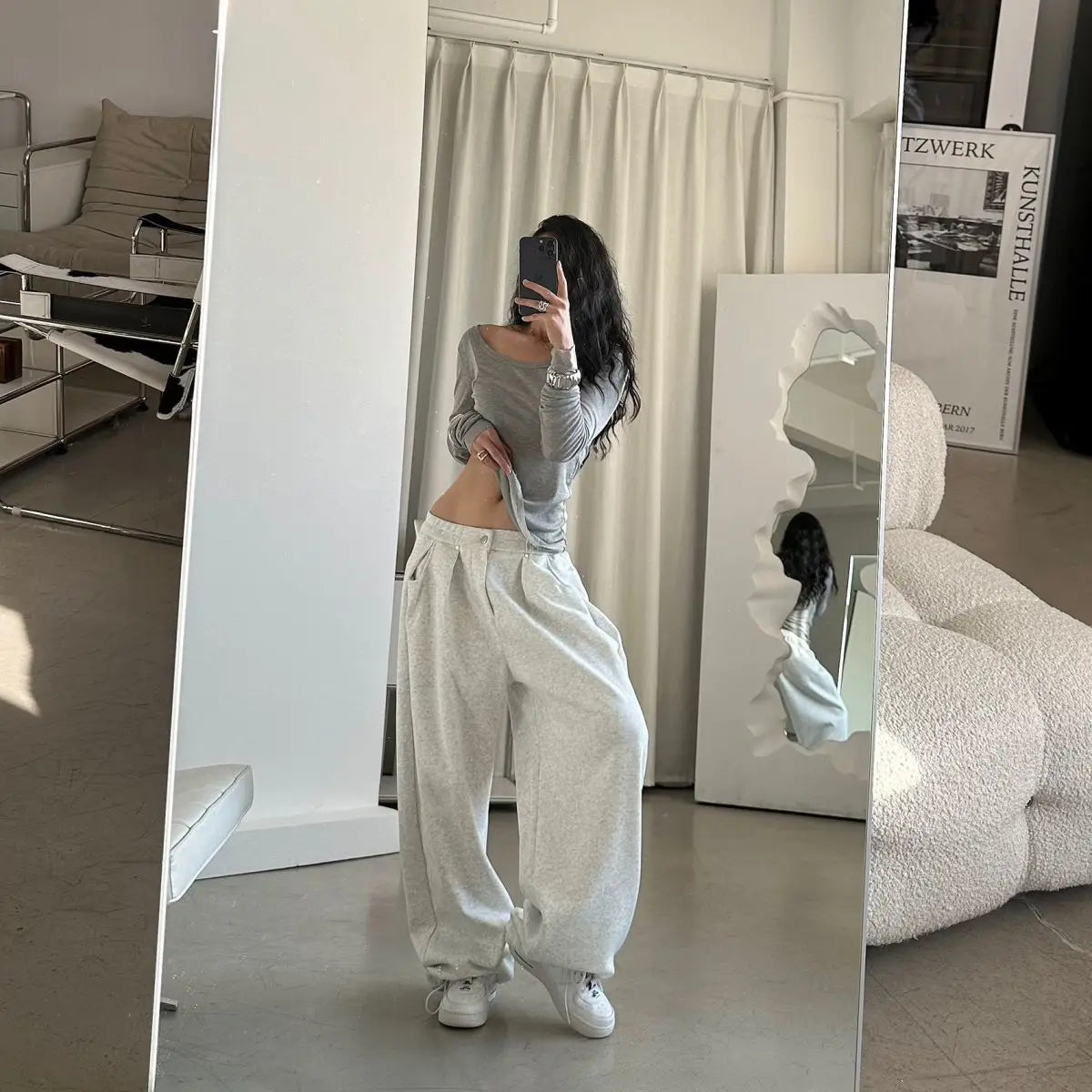 QWEEK Oversized Women Grey Sweatpants Y2k America Style Retro Baggy Pants Casual Sports Streetwear Hip Hop Trousers Joggers