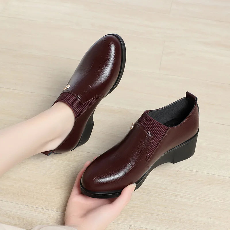 4.5cm Comfortable Deep Mouth Soft Leather Shoes Flexible Loafers Women 2024 Spring Platform Wedges Shoes for Office Mom Work