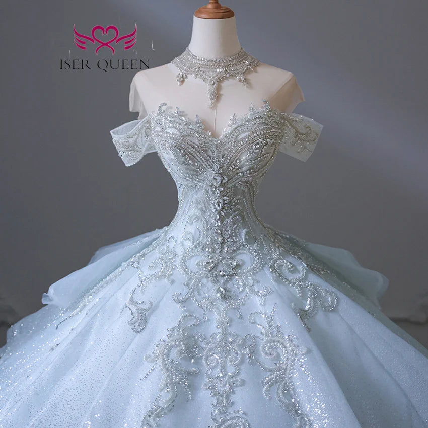 French Style Luxury Wedding Dress 2024 New Heavy Beading Ivory blue Color Lace Up Princess Wedding Dresses For Bride WX0347