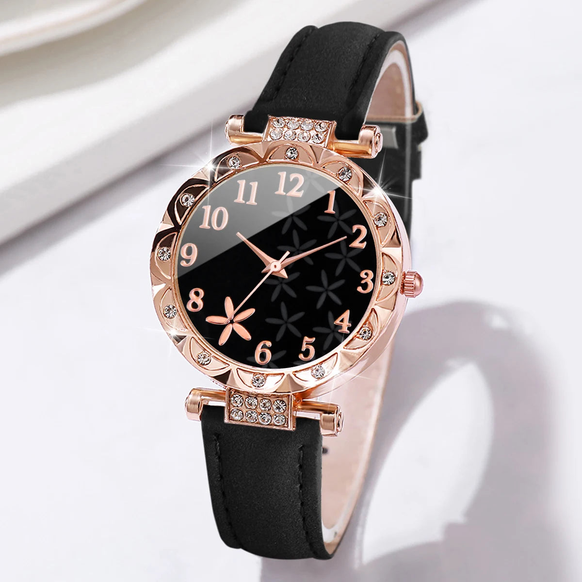 2PCS/Set Women's Watches Fashion Flower Rhinestone Leather Band Analog Quartz Watch Rhinestone Bracelet Set