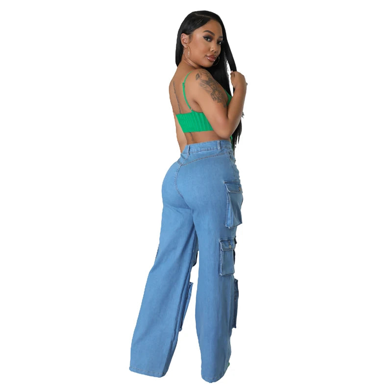 ZOMIGHT Pockets Wide Leg Woman Blue Cargo Jeans Womens Vintage High Waist Baggy Denim Pants Casual Loose Trousers Streetwears