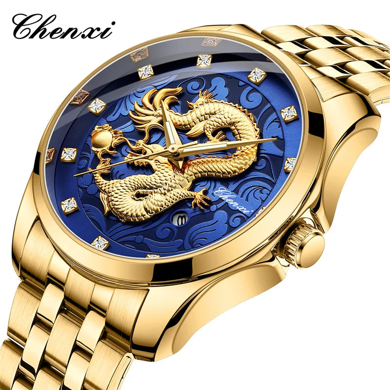 Chenxi 8220 Dragon Totem Embossed Calendar Waterproof Men's Chinese Style Wrist Watch Steel Band Business