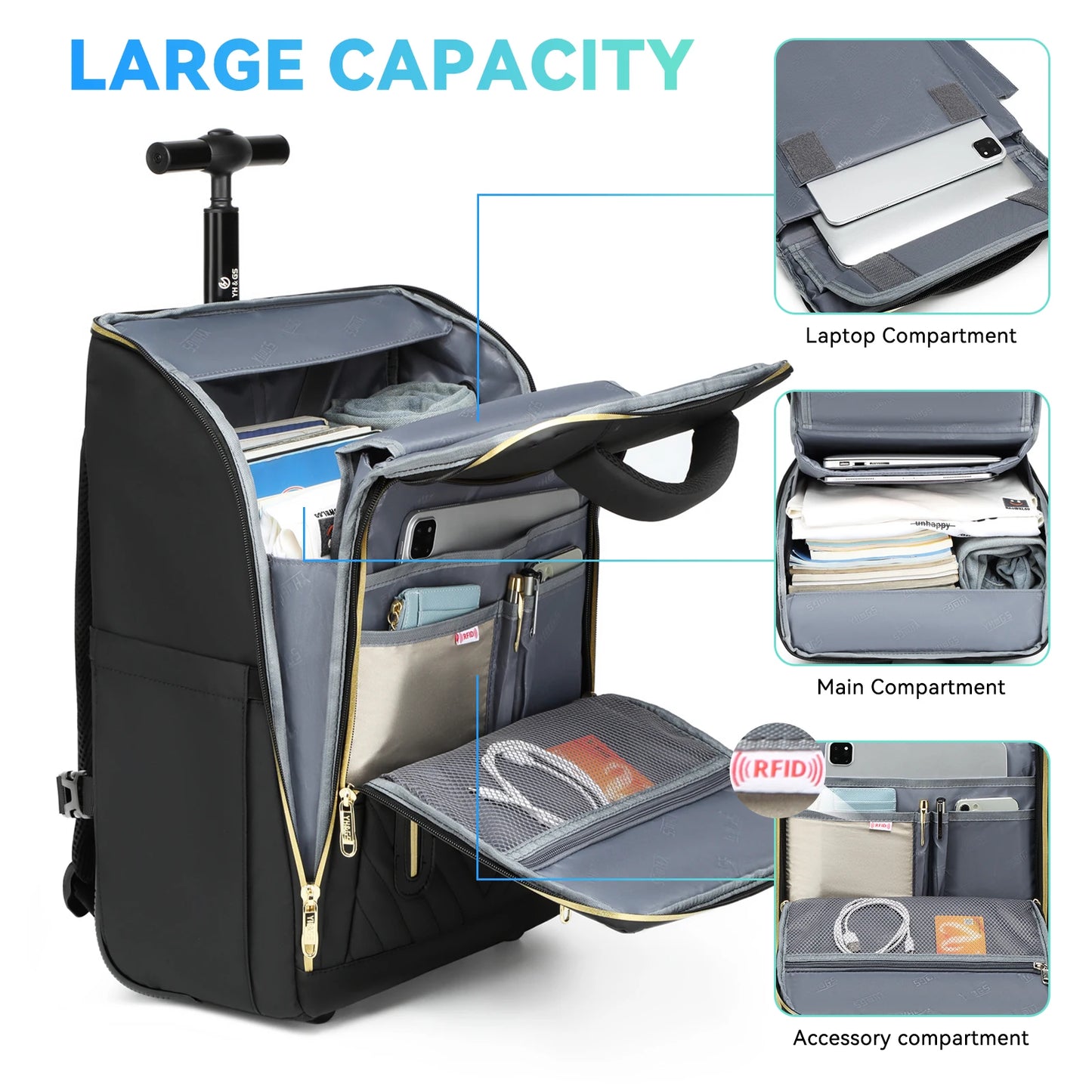 Business Rolling Luggage Backpack Waterproof Backpack with Wheels Travel Trolley Bags Carry on Luggage Bags Cabin Carry on Bag