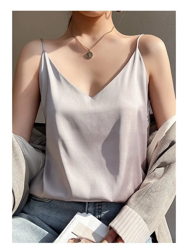 100 silk real silk 2023 summer women's clothing new slim v-neck short temperament inner top one-shoulder camisole