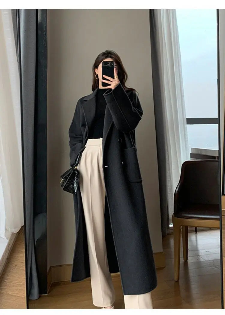 Winter Trench Coat For Women Elegant Fashion Korean Casual Wool Coat Navy Blue Lace-up Long Jacket  Black Woman Coat With Blet