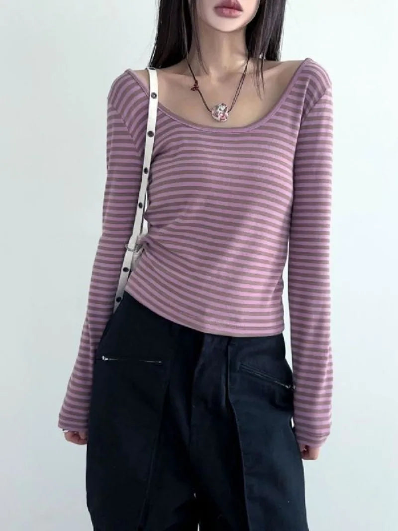 Sweet  Gentle Retro Stripe Versatile Tee Slim Fit Long Sleeved T-shirt Round Neck Bottom Shirt Short Top Female Clothes