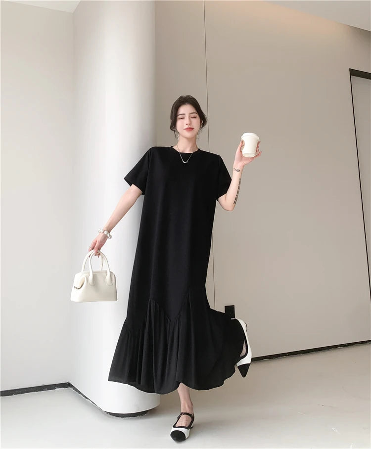 NYFS 2024 Summer New Korea Irregular Woman Dress Vestidos Robe Elbise Loose Plus Size Patchwork Short Sleeve Long Dress