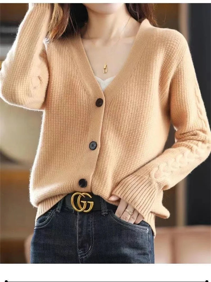 NewFall Fashion V Neck Women Knitted Sweater Cardigan Long Sleeve Soft Slim Sweater Outwear Femlae Solid Casual Knitted Sweater