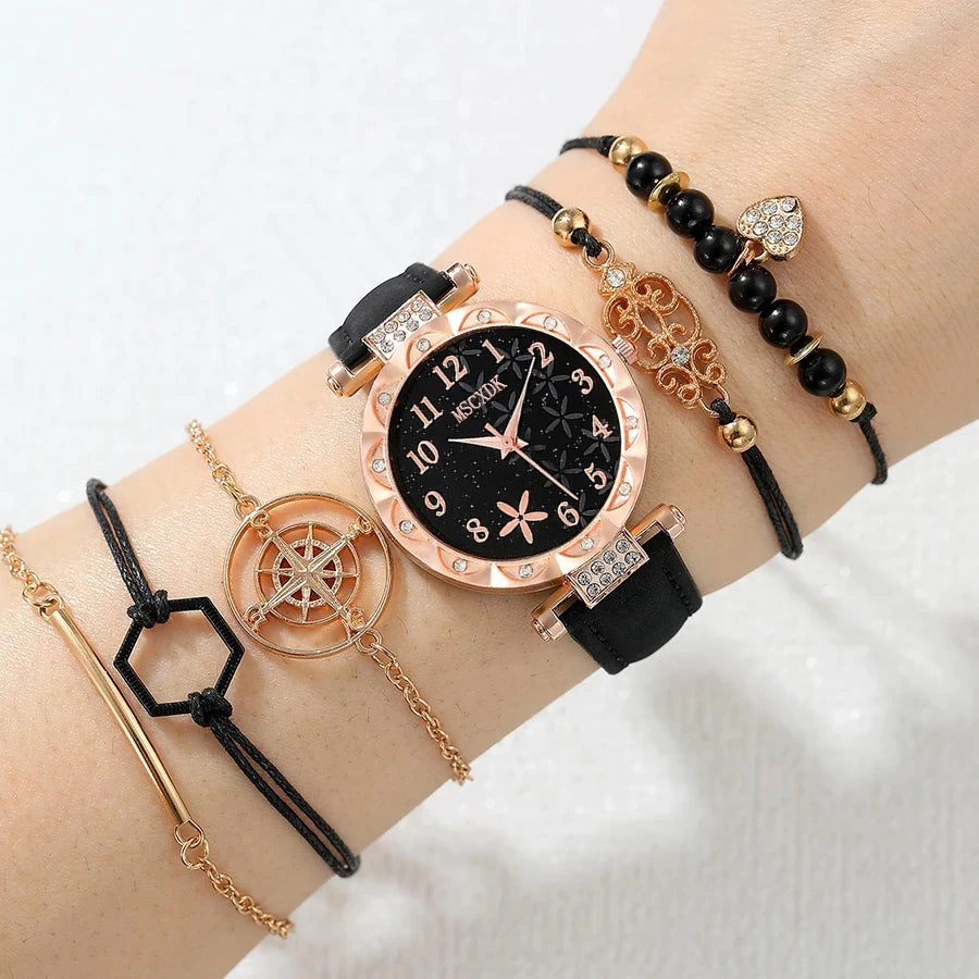 6pcs Black Flower Quartz Watch Dainty Bracelet For Women Leisure Casual Round Rhinestone Hollowed Pattern Bracelet Set