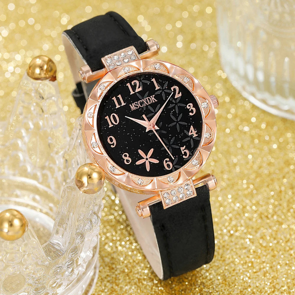 6pcs Black Flower Quartz Watch Dainty Bracelet For Women Leisure Casual Round Rhinestone Hollowed Pattern Bracelet Set