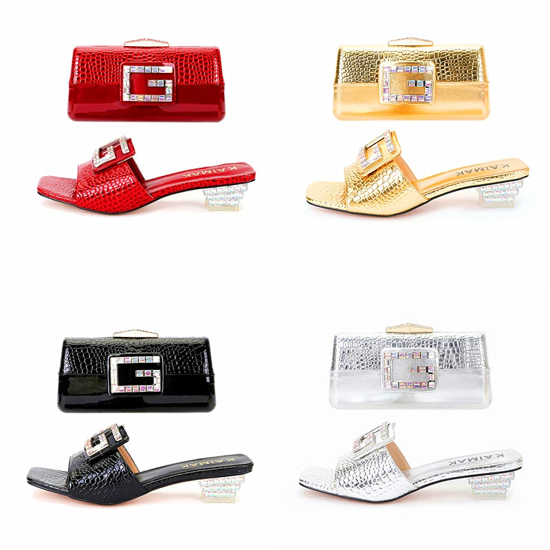 Latest Crystal Thick Heel Stone Pattern plus size Slippers Size 35-45 Diamond Clutch Dinner Women's Shoes and Bag suit