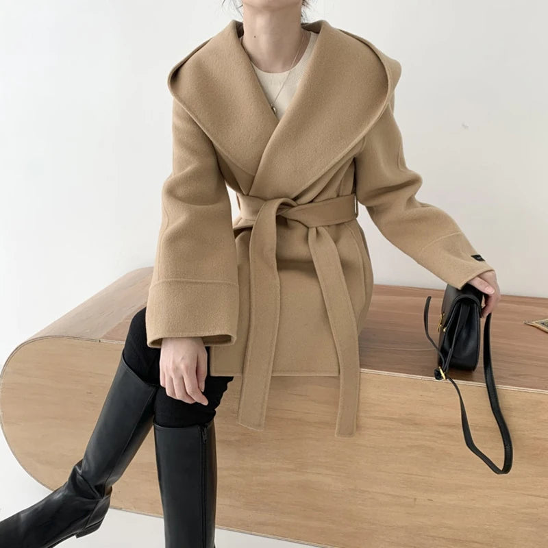 Elegant Wool Blends Coats Women Korean Black Hooded Woolen Jackets Ladies Fashion Bandage Overcoat Winter Commute Outerwears New