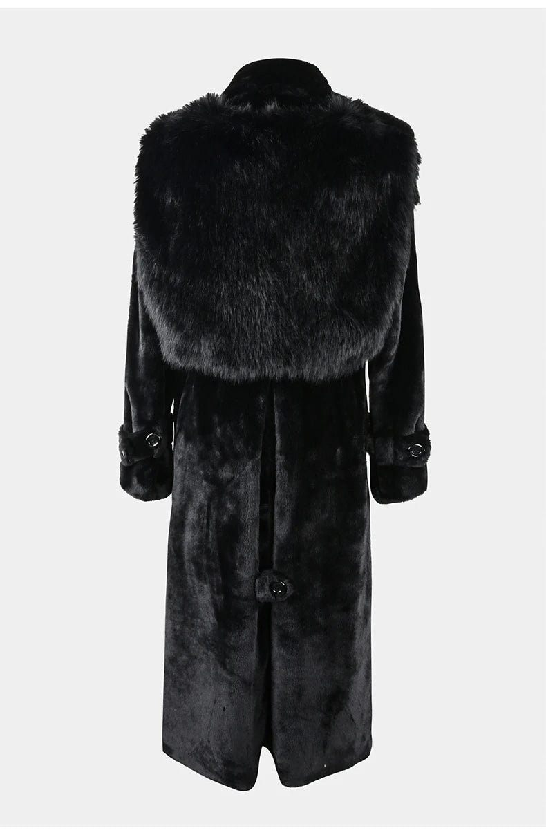 Nerazzurri Winter Long Black Fluffy Faux Fur Trench Coat for Women with Detachable Fake Fox Fur Vest Luxury Designer Clothes