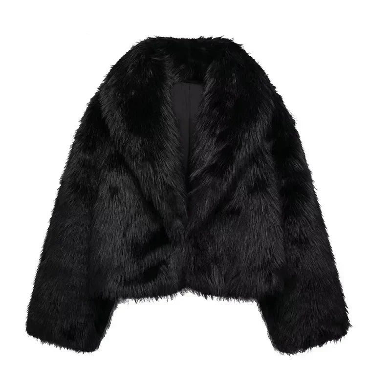 Black Fluffy Faux Fur Jackets Women Loose Furry Turn Down Collar Long Sleeve Coats Female Winter Vintage Warm Lady Overcoat