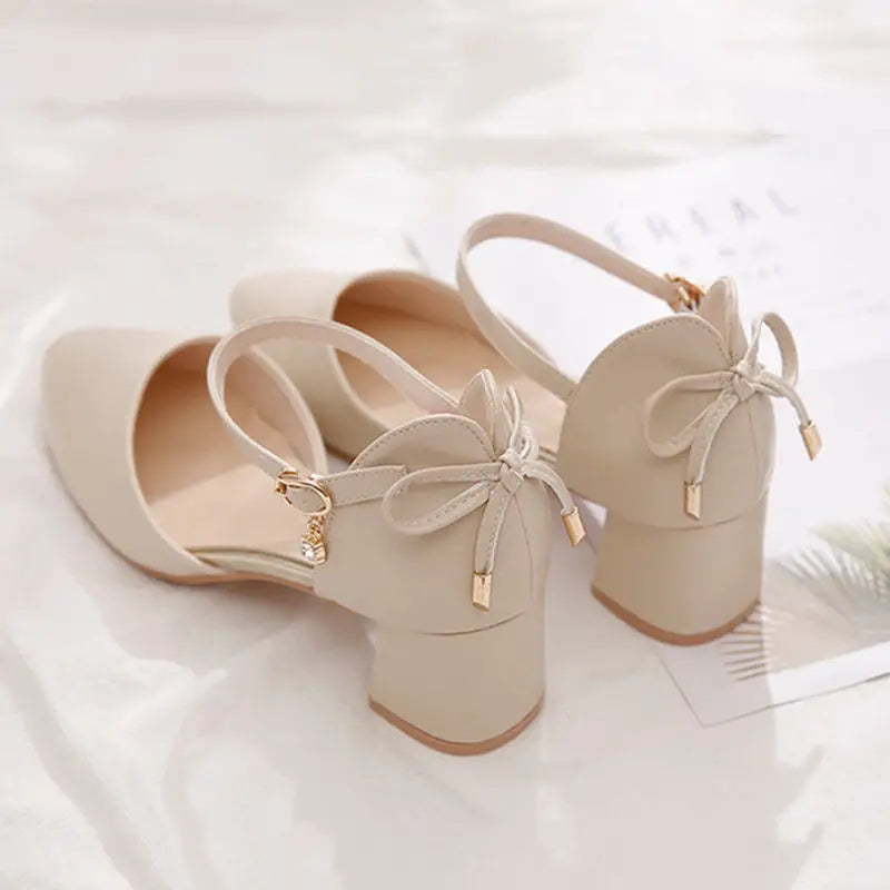 2023 Pumps Women Bow Mid Heels Two-Piece Shoes Buckle Pointed Toe Footwear Ladies Summer Elegant Shoes Female Beige apricot