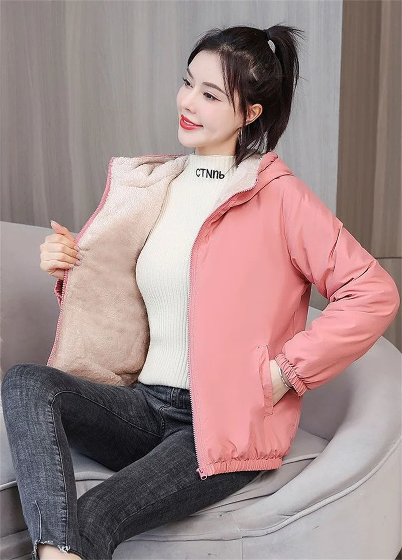 Add Velvet Padded Coat Women 2024 Winter Hooded Outerwear Ladies Warm Cotton-Padded Jacket New Fashion Overcoat Short Female Top