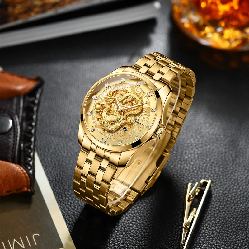 Chenxi 8220 Dragon Totem Embossed Calendar Waterproof Men's Chinese Style Wrist Watch Steel Band Business