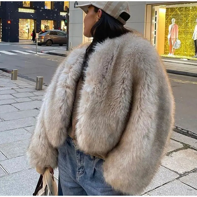 Luxury Thicken Fluffy Faux Fur Coat Women Autumn Winter Loose Long Sleeve Warm Jacket Female Elegant Lady Chic Street Outerwear