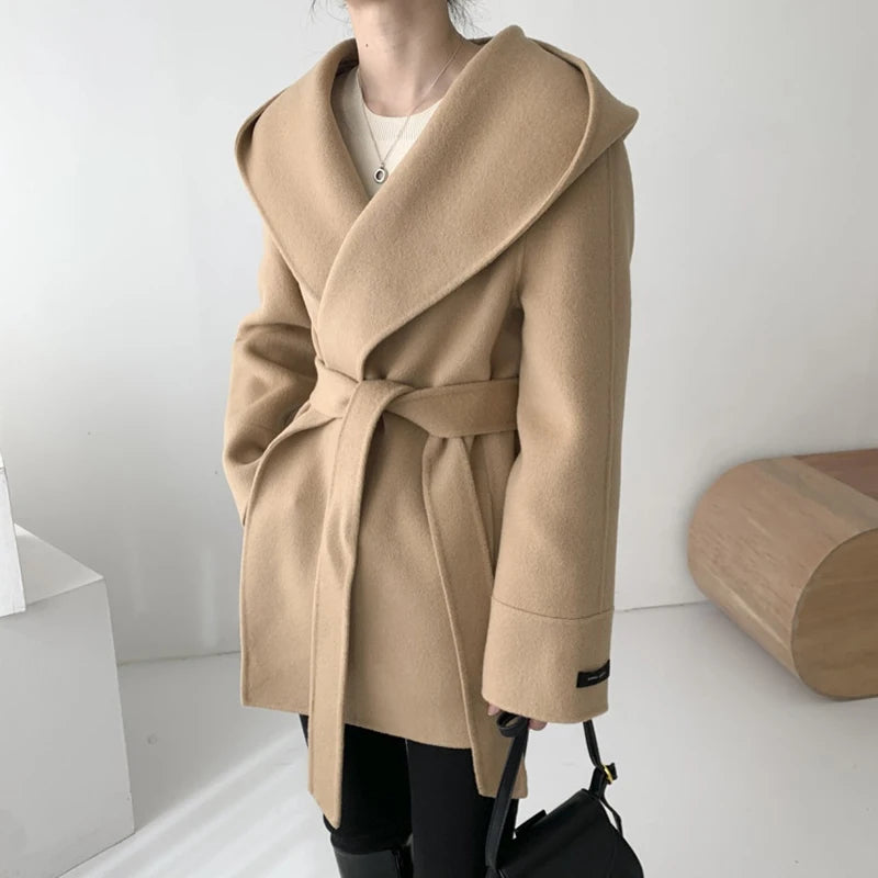 Elegant Wool Blends Coats Women Korean Black Hooded Woolen Jackets Ladies Fashion Bandage Overcoat Winter Commute Outerwears New