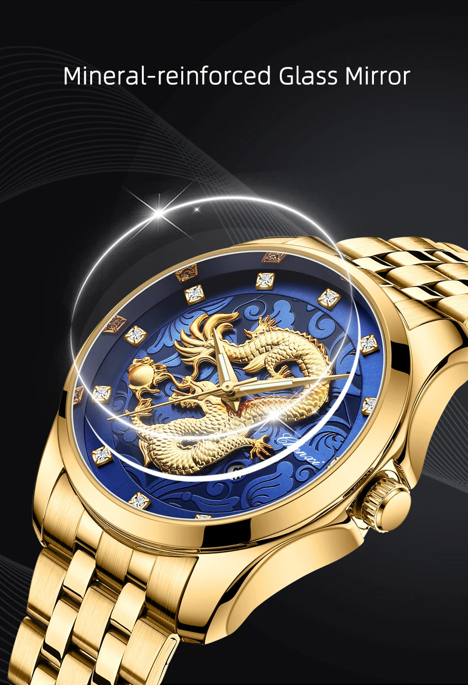 Chenxi 8220 Dragon Totem Embossed Calendar Waterproof Men's Chinese Style Wrist Watch Steel Band Business