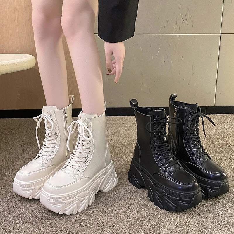 Punk Super High Platform Boots Women Chunky Heels Lace Up Motorcycle Boots Woman Black White Thick Bottom Ankle Booties Female