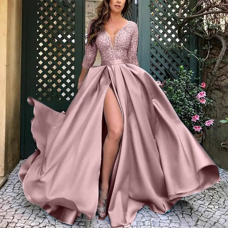 2024 Women's V Neck Ladies Dresses Tailing Full Elegant Embroidery Long Evening Dress for Women Princess Dress