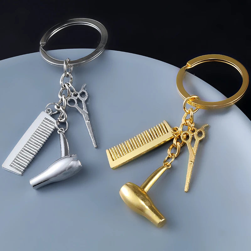 Fashion Creative Key Chain Hair Dryer Scissor Comb Shape Pendant Key Ring Men Women Gold Silver Color Metal Car Key Holder Gifts