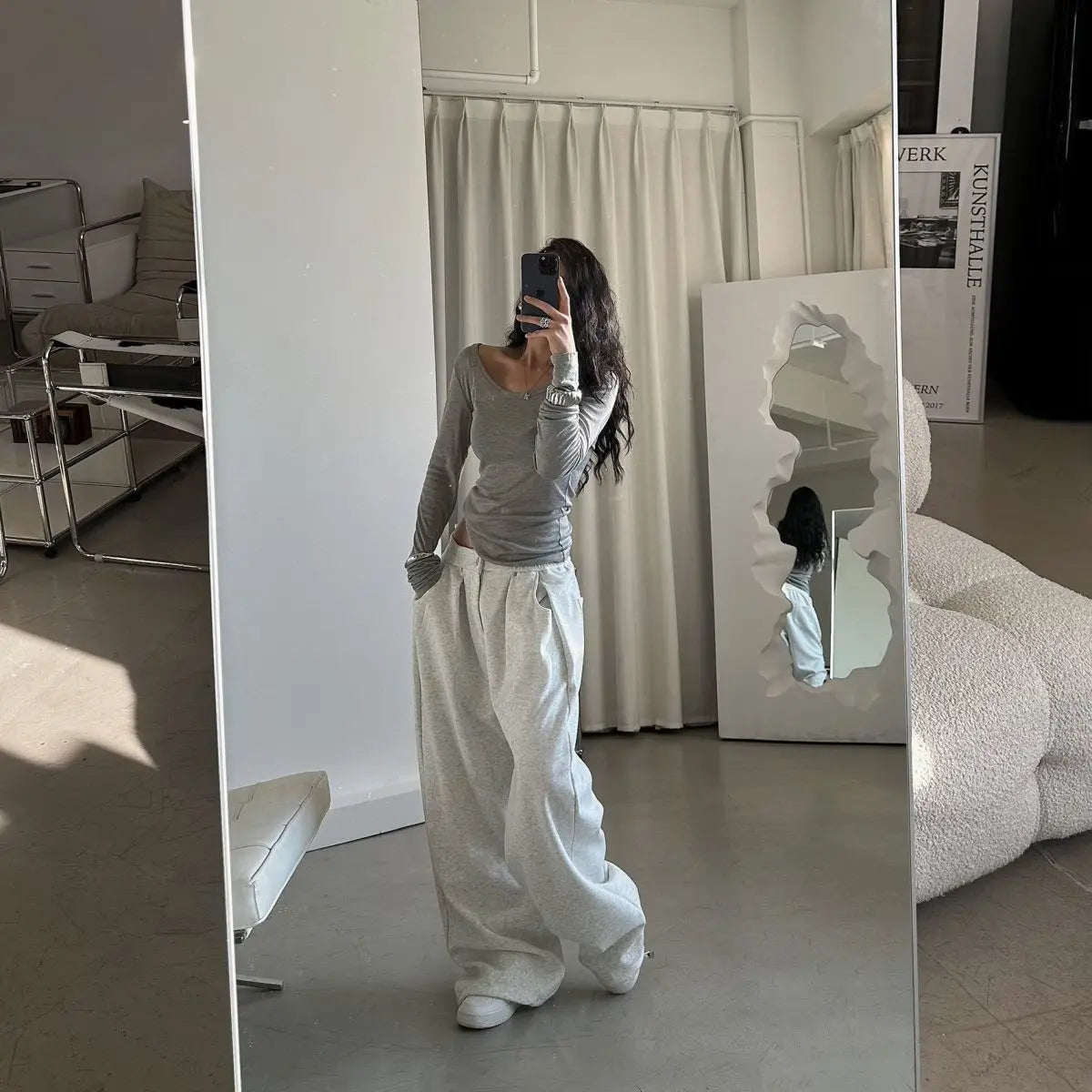 QWEEK Oversized Women Grey Sweatpants Y2k America Style Retro Baggy Pants Casual Sports Streetwear Hip Hop Trousers Joggers