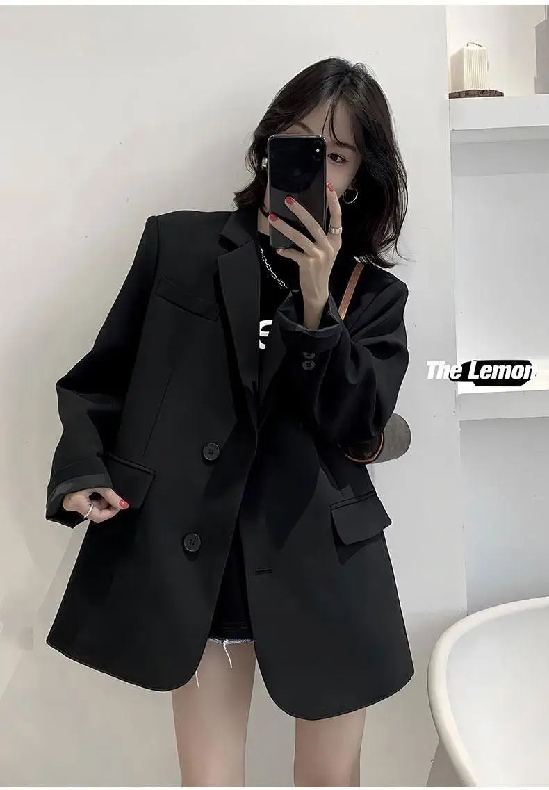 Spring Summerthin Loose Office Lady Fashionable Solid Color Blazers Button Pockets Notched Women's Clothing Long Sleeve Sweet