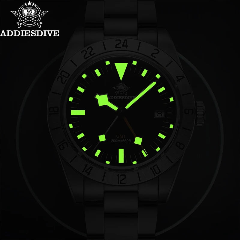 ADDIESDIVE GMT Watches Men's 39mm Diver Luminous Calendar Display Stainless Steel 20ATM Quartz Watches Reloj Hombre