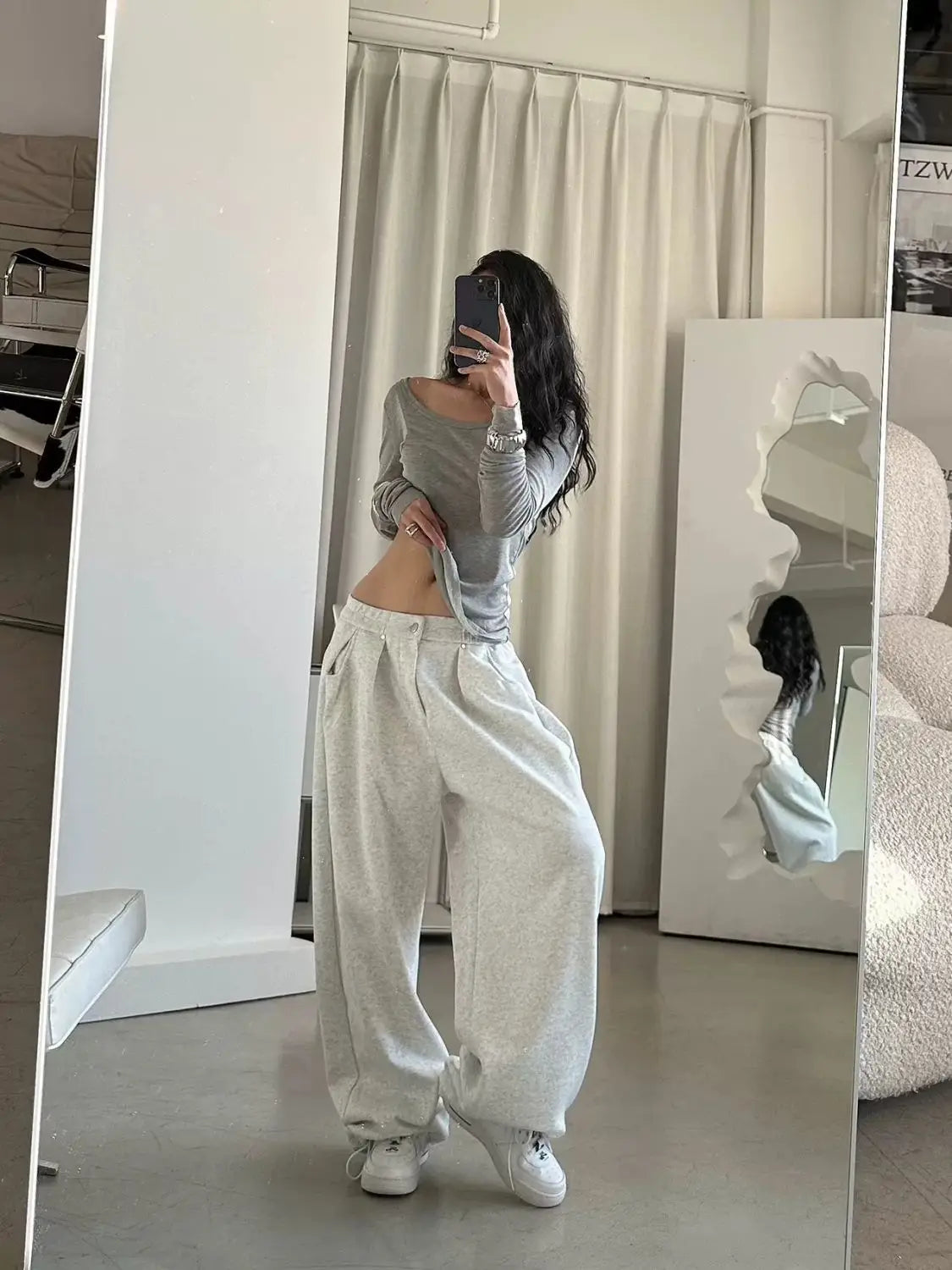 QWEEK Oversized Women Grey Sweatpants Y2k America Style Retro Baggy Pants Casual Sports Streetwear Hip Hop Trousers Joggers