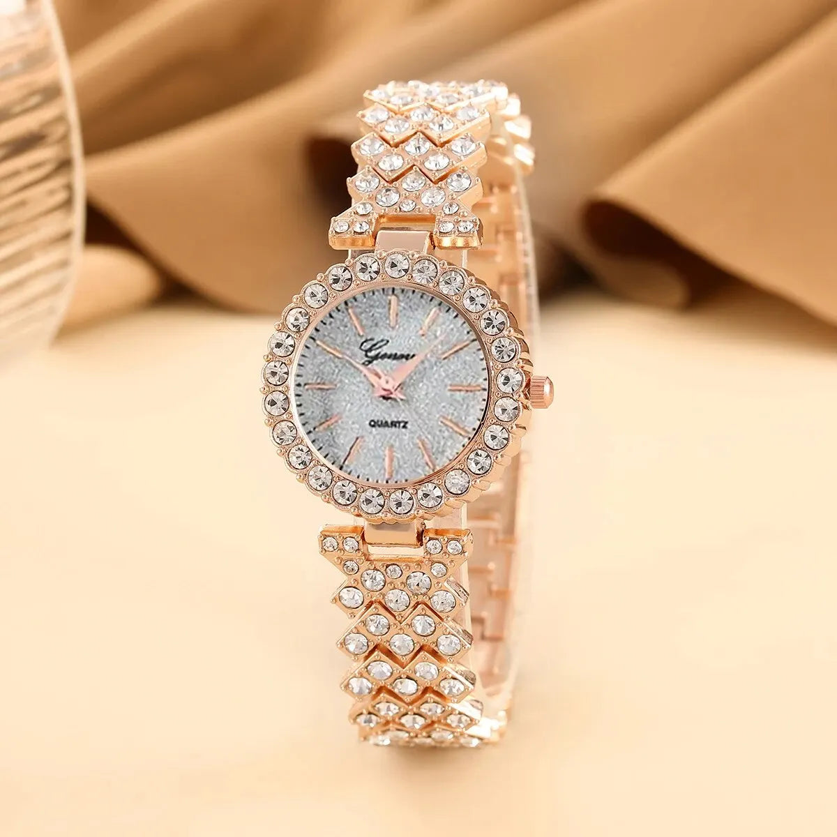 6pcs Ladies Fashion Casual Star Number Full Diamond British Watch White Crystal Love Earrings Necklace Ring Bracelet Gift Set