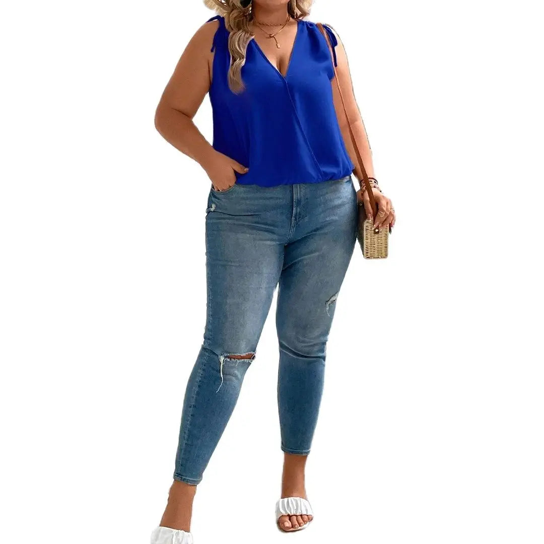 Mugen Plus Size Solid Color New Drawstring V Neck Blouse Elegant 2024 Summer Sleeveless Blouse Women's Plus Size Clothing Tops