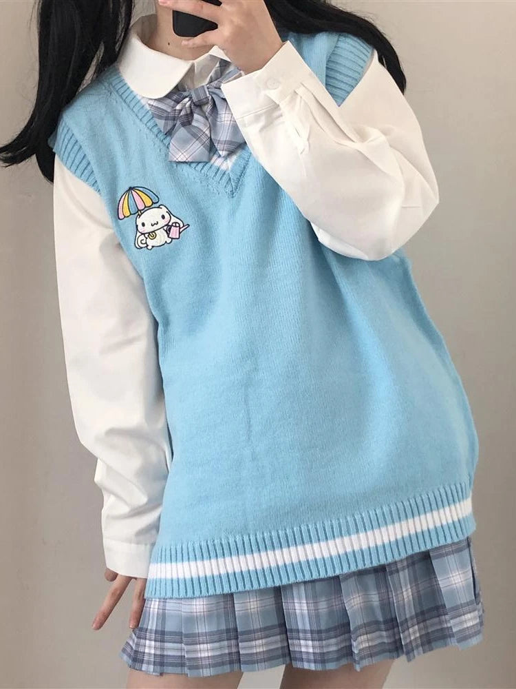 2024 School Kawaii Sweater Vest Cartoon Waistcoat Sweet Cute Preppy Style Women Pullover V-neck Embroidery Japanese Lolita Tops