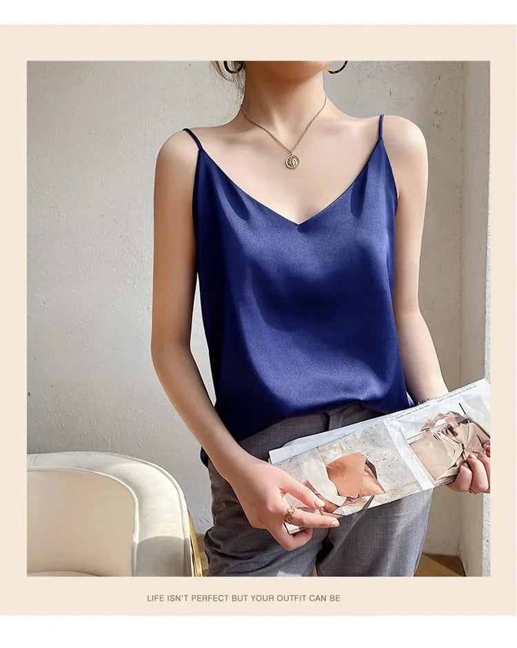 100 silk real silk 2023 summer women's clothing new slim v-neck short temperament inner top one-shoulder camisole