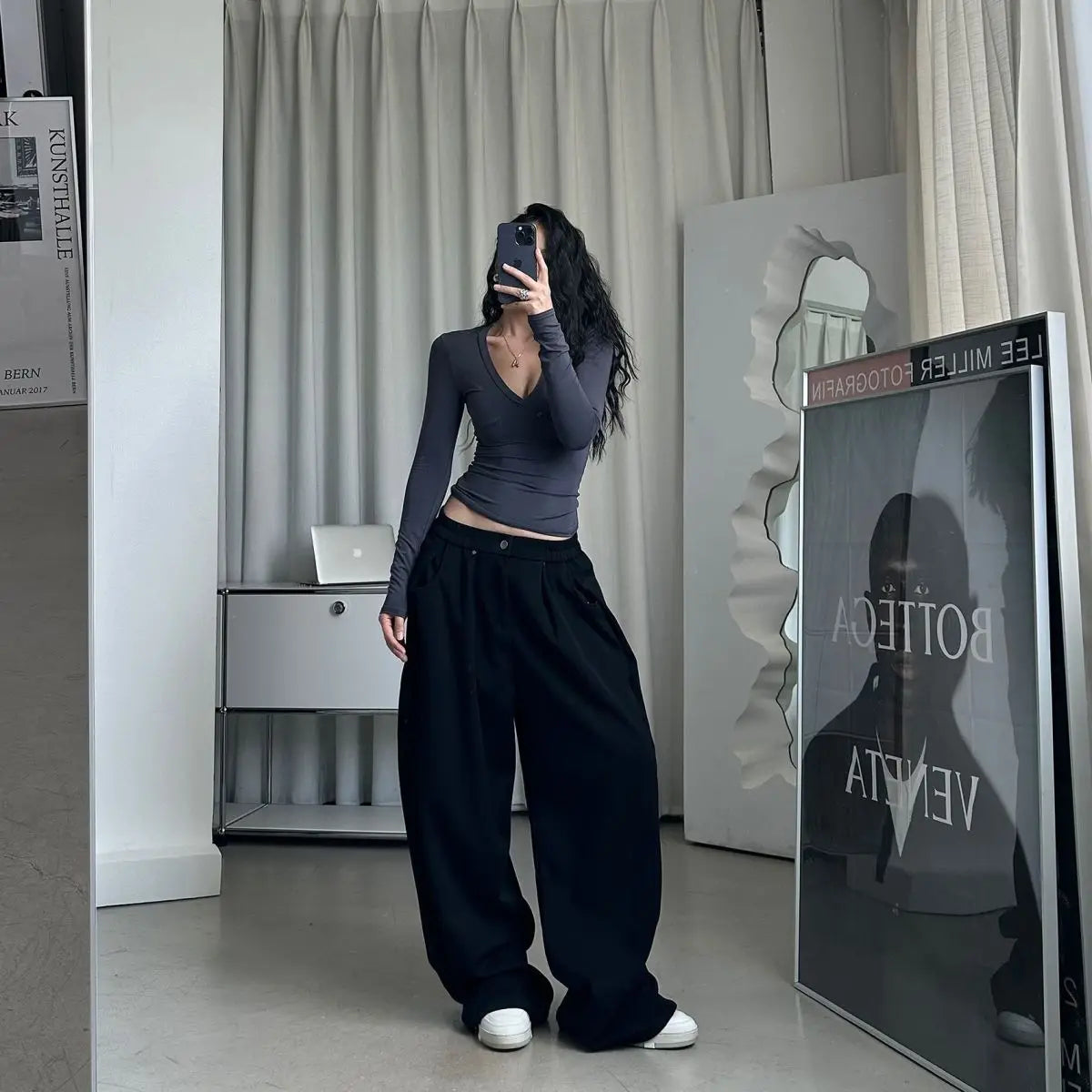 QWEEK Oversized Women Grey Sweatpants Y2k America Style Retro Baggy Pants Casual Sports Streetwear Hip Hop Trousers Joggers