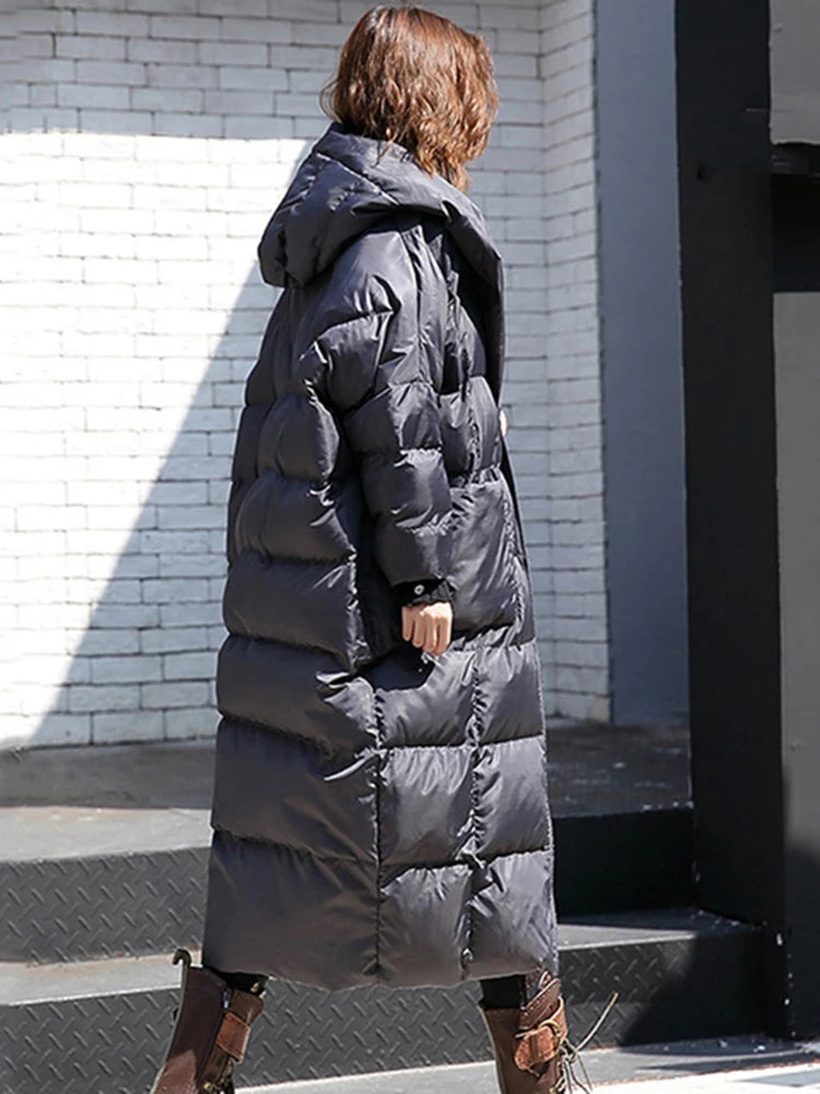 [EAM] Big Size Long Hooded Cotton-padded Coat Long Sleeve Loose Fit Women Parkas Fashion Tide New Autumn Winter 2024 JD1210