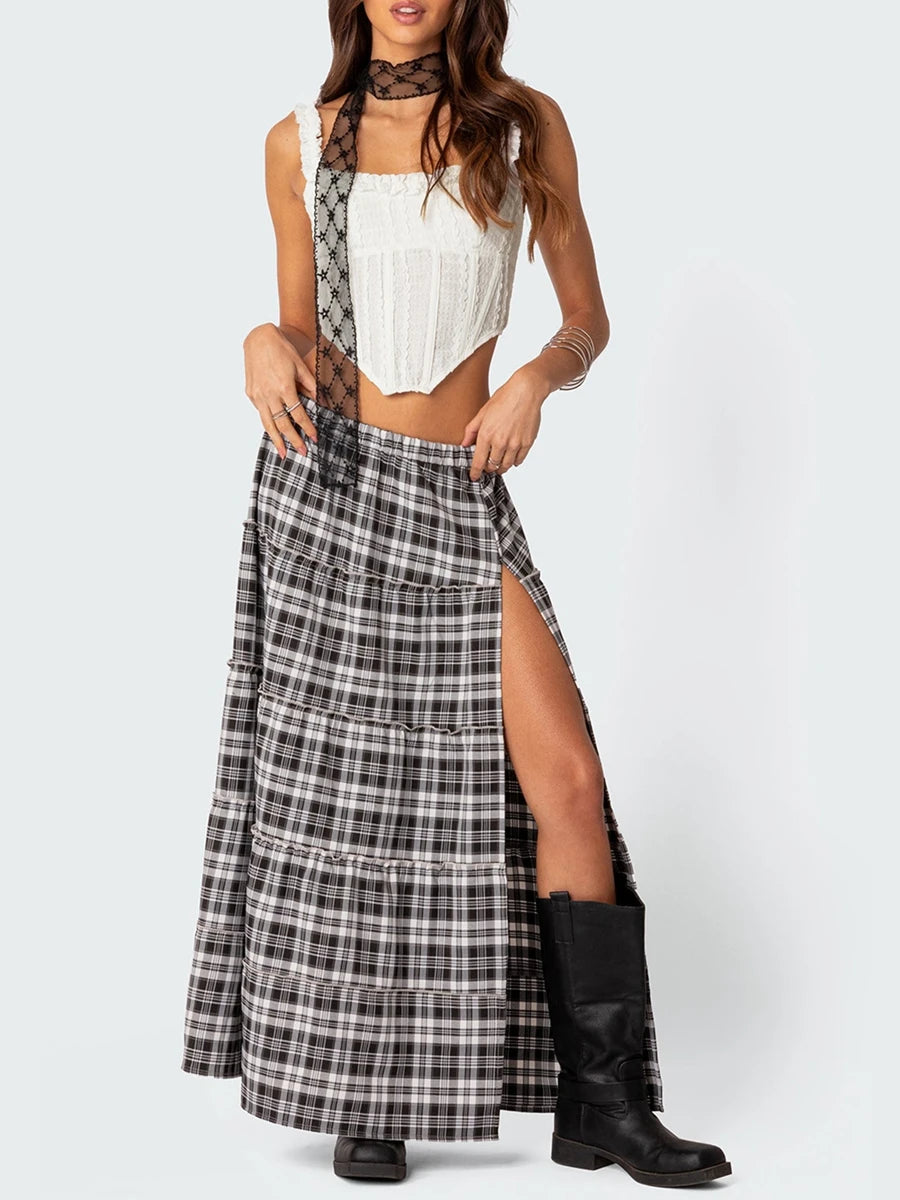 Y2k Vintage Plaid Long Skirts Chic Side High Split Elastic Waist Tiered Midi Skirts Harajuku 2000s Retro Skirts Fairy Grunge