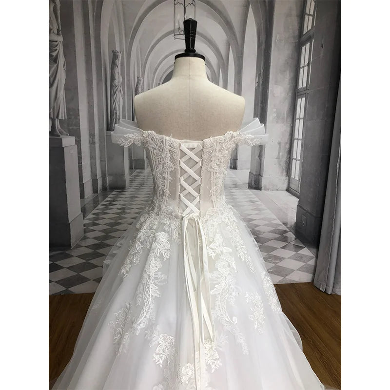 SL-9078 Gorgeous Lace Appliques Court Train A-Line Wedding Dress 2022 Luxury Off Shoulder Beaded Vintage Bride Gown