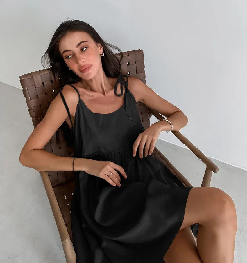 Simple Cotton Backless Suspender Dress Spring and Summer Beach Style Women's Loose Soft Ruffled Edge A-line Suspender Dress