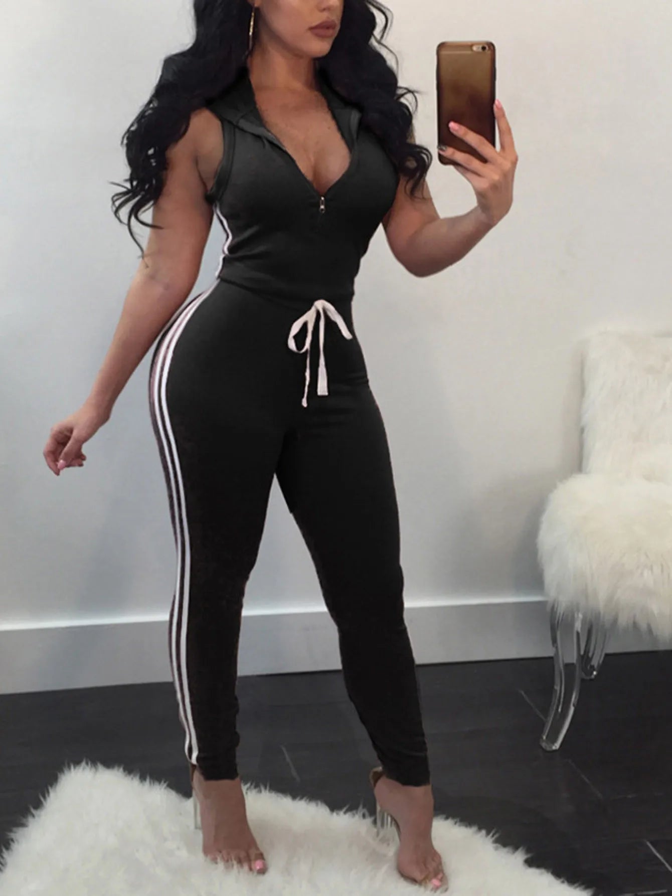 Women Deep V-neck Skinny Casual Striped Jumpsuits Zipper Work Out Sleeveless Long Overalls Grey Bodycon Workout Rompers