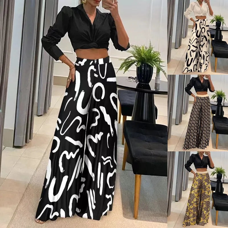 spring summer Long Pant Women High Waist Wide Leg Trousers print New Ladies Casual Fashion Party Elegant Pant Suits