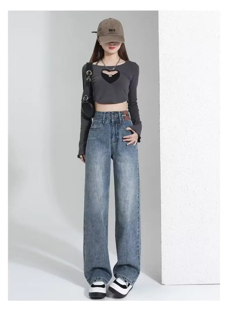 Vintage High-waisted Slimming Jeans Women's Straight-leg Pants Hong Kong Style Bell Bottoms Trendy Gradient Pants For Women