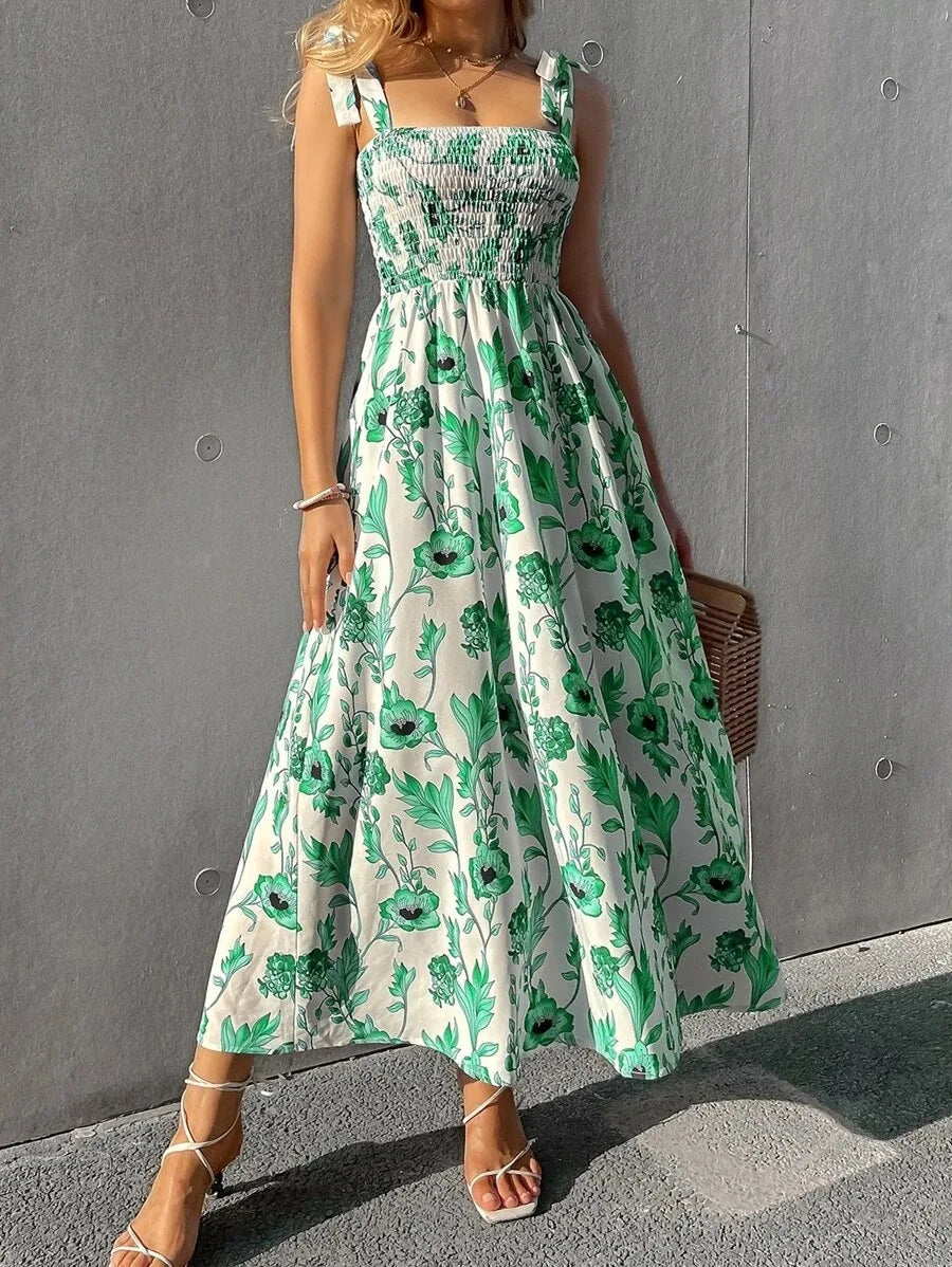 Floral Long Dress Women Fashion Backless Sleeveless Bandage Beach Sundress Casual Green Summer Ladies New In Dresses 2023