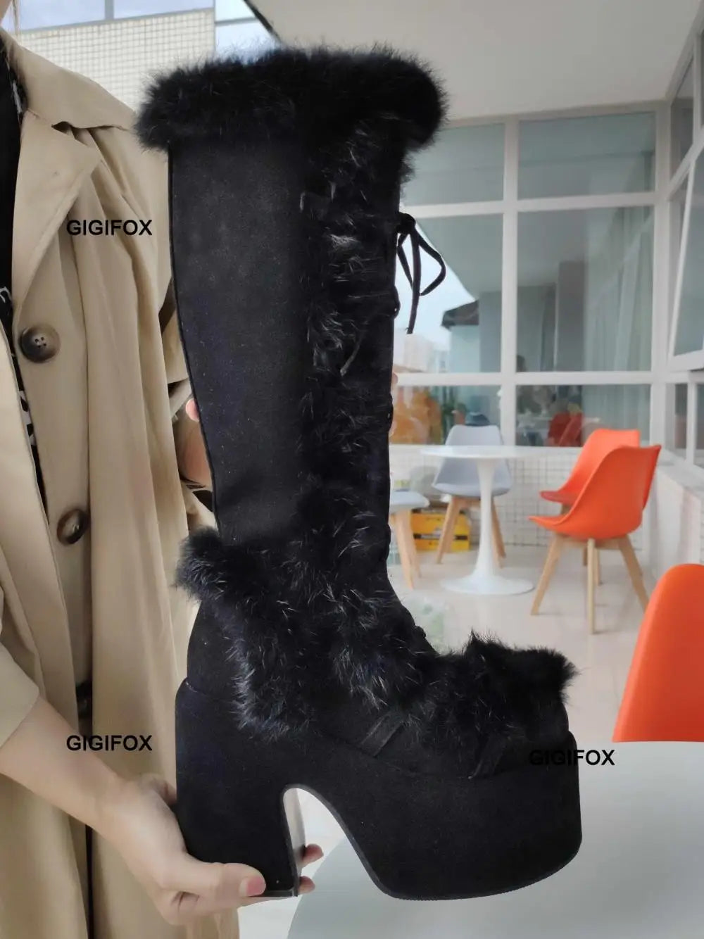 GIGIFOX Platform Furry Boots Chunky High Heeled Winter Autumn Knee High Boots Women Faux Fur Zip Gothic Style Punk Shoes Ladies