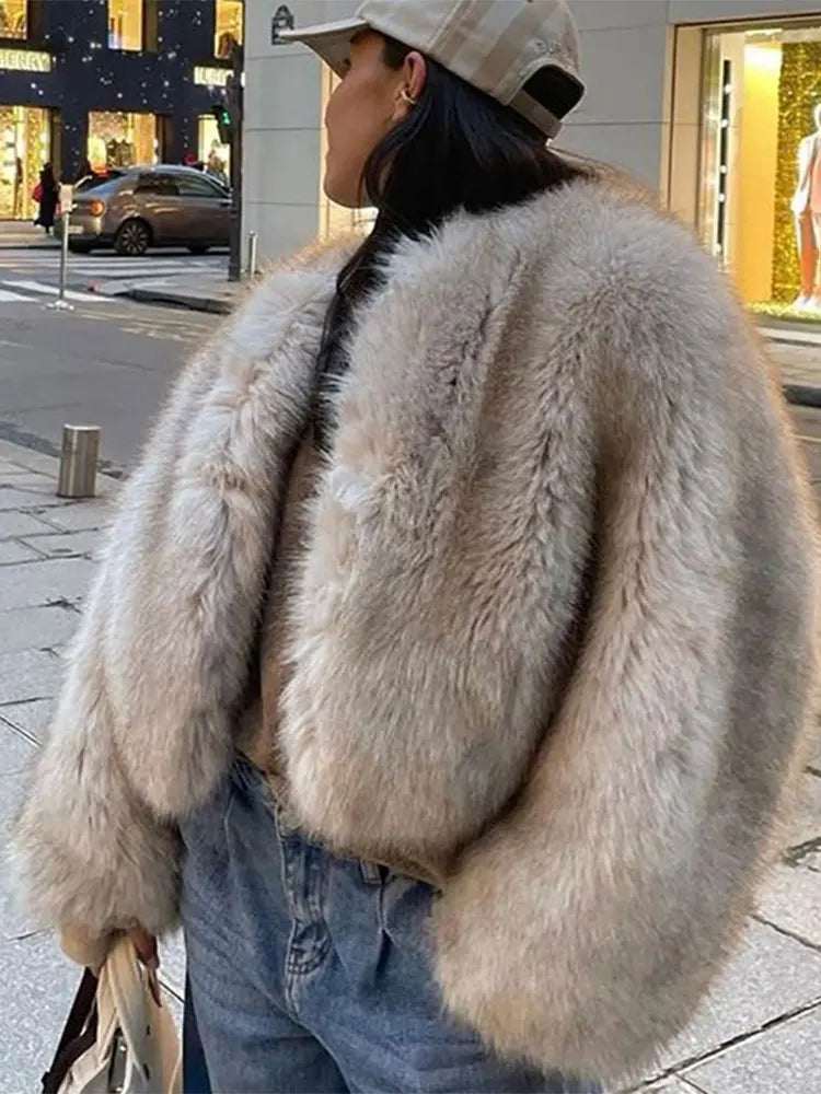 Luxury Thicken Fluffy Faux Fur Coat Women Autumn Winter Loose Long Sleeve Warm Jacket Female Elegant Lady Chic Street Outerwear