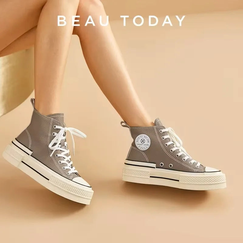 BEAUTODAY High-top Canvas Shoes Women Geninue Cow Leather Spring Sneakers Lace-up Fashion Ladies Shoes Handmade 29249