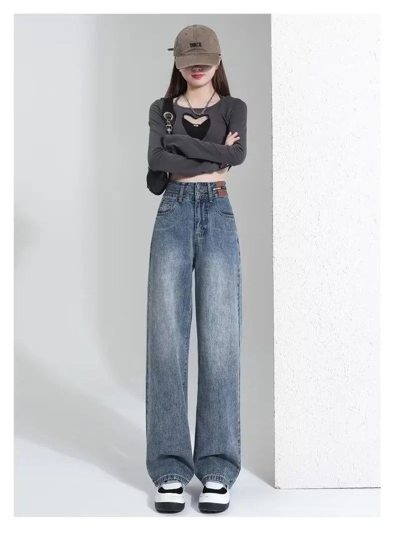 Vintage High-waisted Slimming Jeans Women's Straight-leg Pants Hong Kong Style Bell Bottoms Trendy Gradient Pants For Women