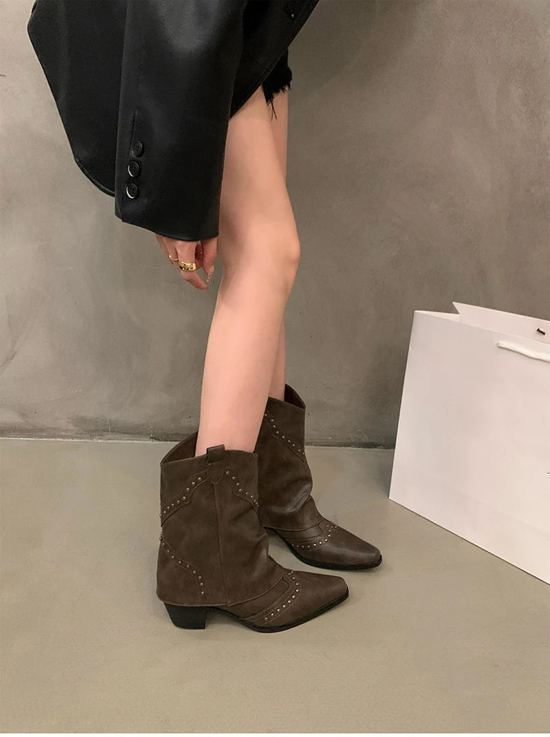 Autumn Winter Women Knee-High Boots Retro Style Western Knight Booties Pointed Toe Square Heels Female Shoes